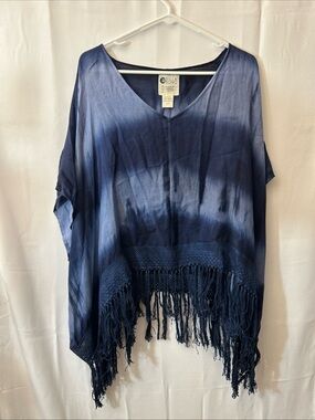 Billabong Navy Blue Ombre Tie Dye V-Neck Cover-Up Poncho Fringe Boho Festival M